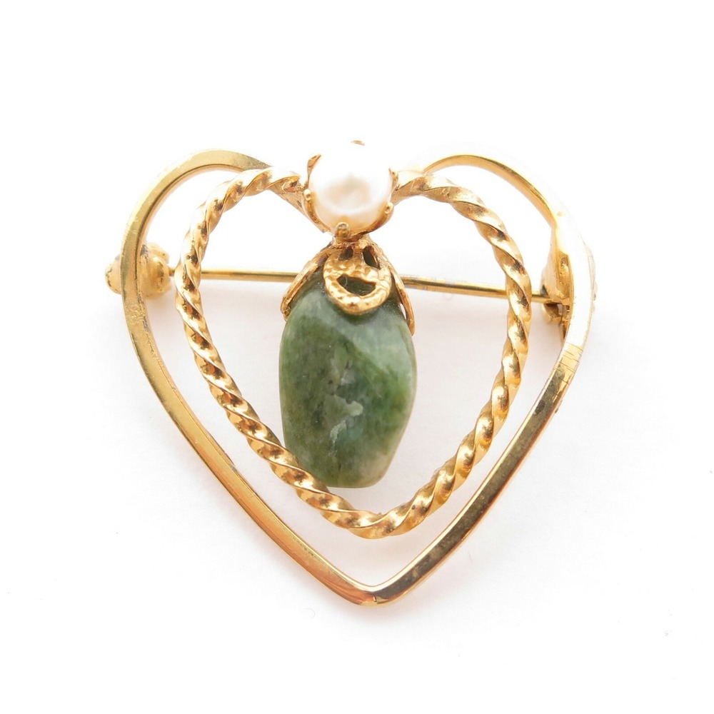 VINTAGE JADE GEMSTONE GOLD WIRE DESIGN HEART SHAPE CHARM DROP BROOCH PIN